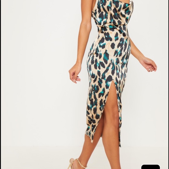 Tan Strappy Satin Leopard Print Cowl Midi Dress - Picture 5 of 10